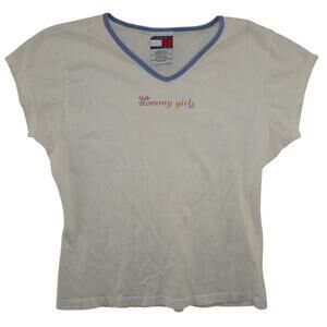 Vintage Tommy Girl Shirt Rare Hilfiger 90s USA Flag Logo Size Large V Neck